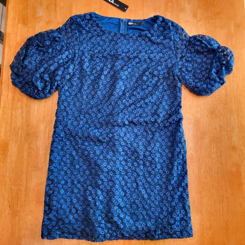 NWT INA blue floral lace puff sleeve Baby Doll dress